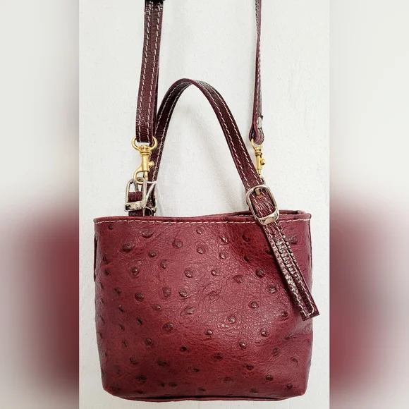 Cecconi Piero Burgundy Genuine Ostrich-Embossed Leather Mini Crossbody Bag 7"×6" - Picture 3 of 16